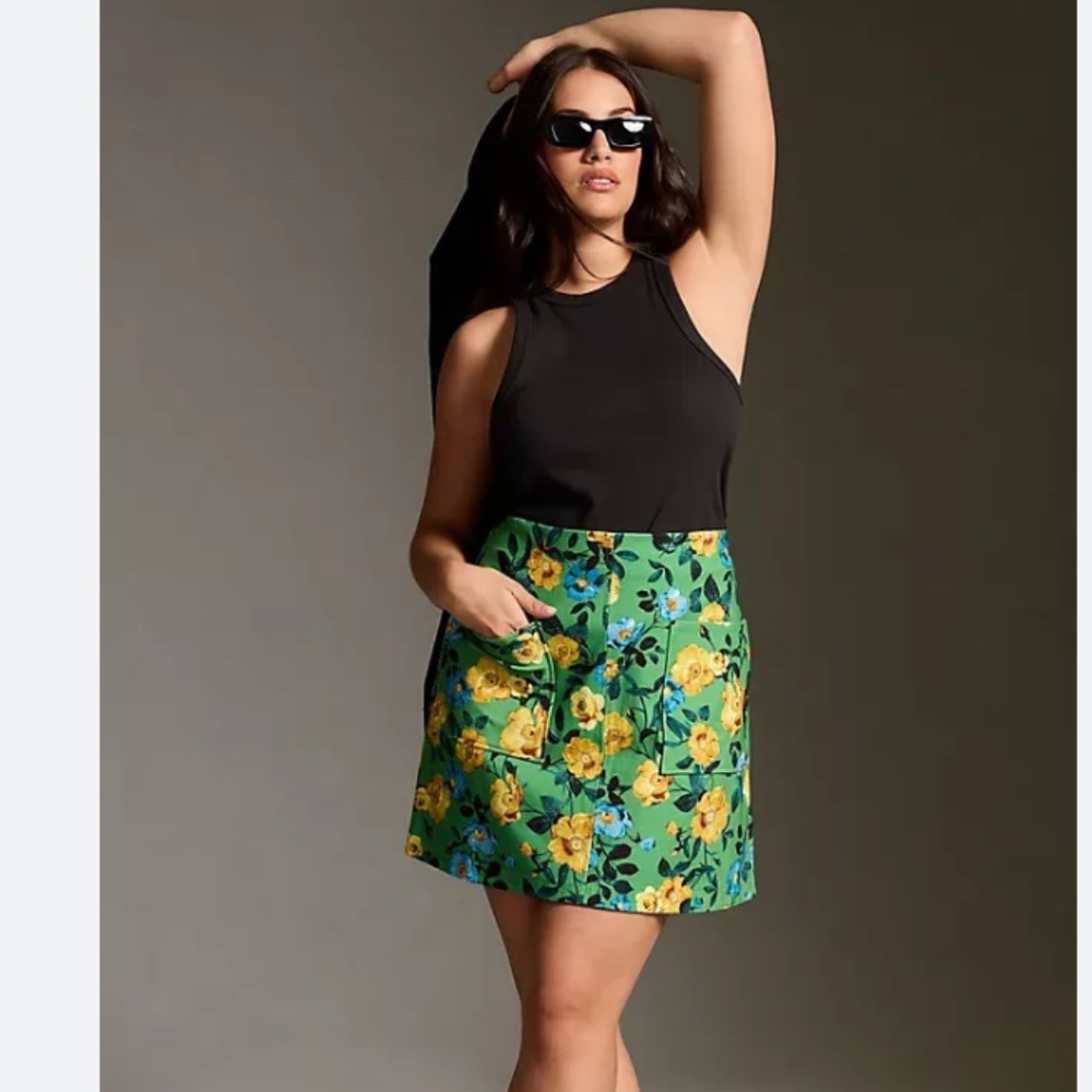 Anthropologie plus Maeve Marisela mini skirt 3X green and yellow floral NWT
